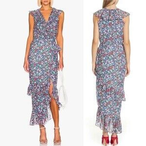 NWT Saloni Silk Ruffle Blue Red Anita Midi Dress 2